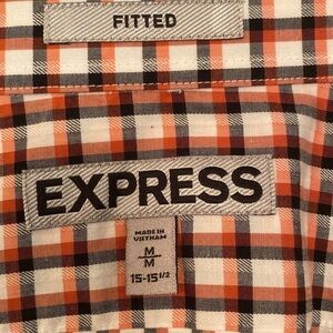 Express Fitted Button Down Dress Shirt Orange Gray White Plaid Size Medium